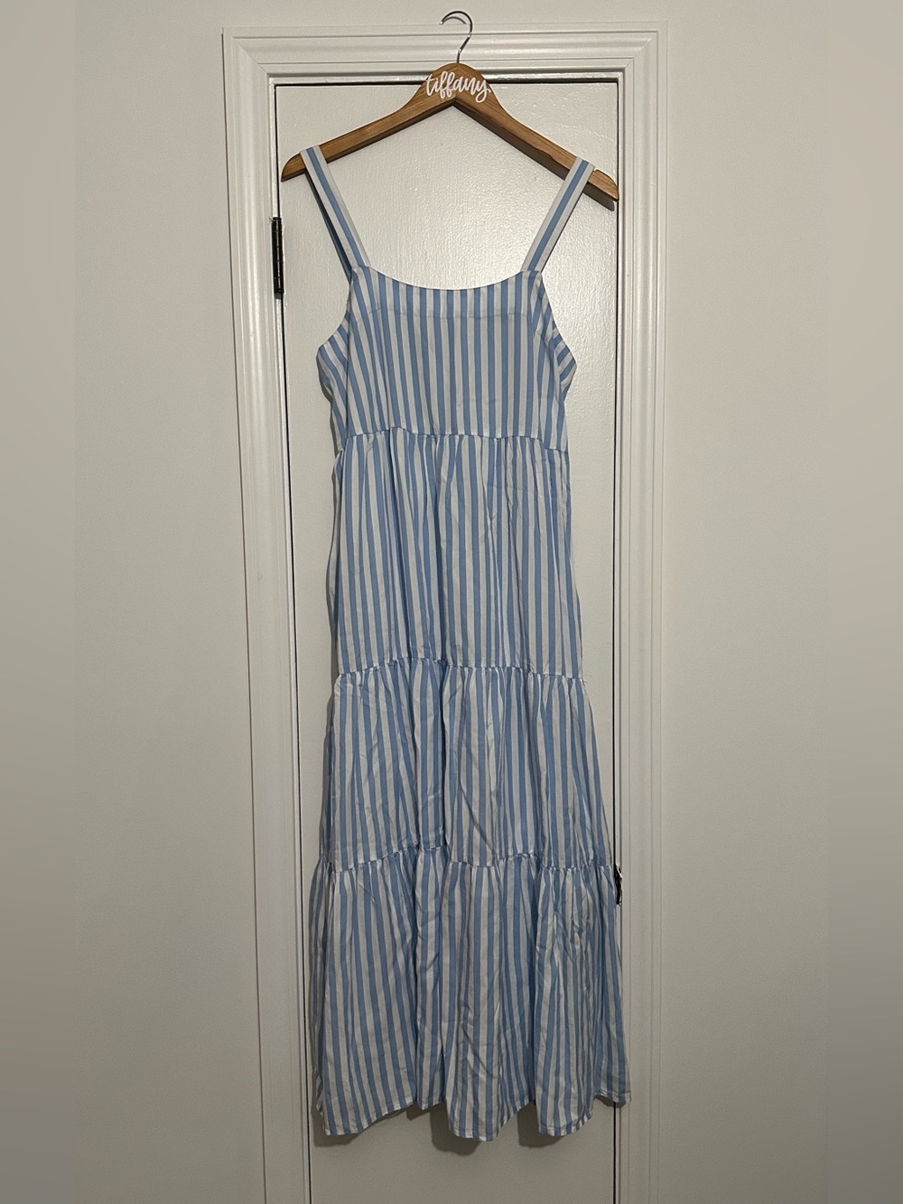 Light Blue & White Striped Tiered Maxi Dress